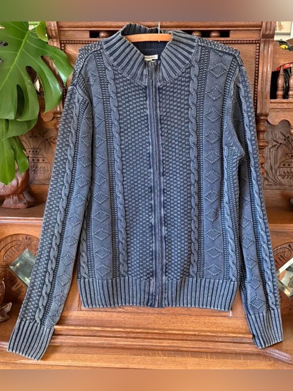 Carbon2cobalt linen and cotton blend zip up cable knit mock neck cardigan